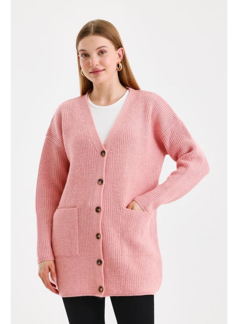 Odelon Women's Buttoned Oversize Pocket Long Pink Knitted Cardigan - Image 1